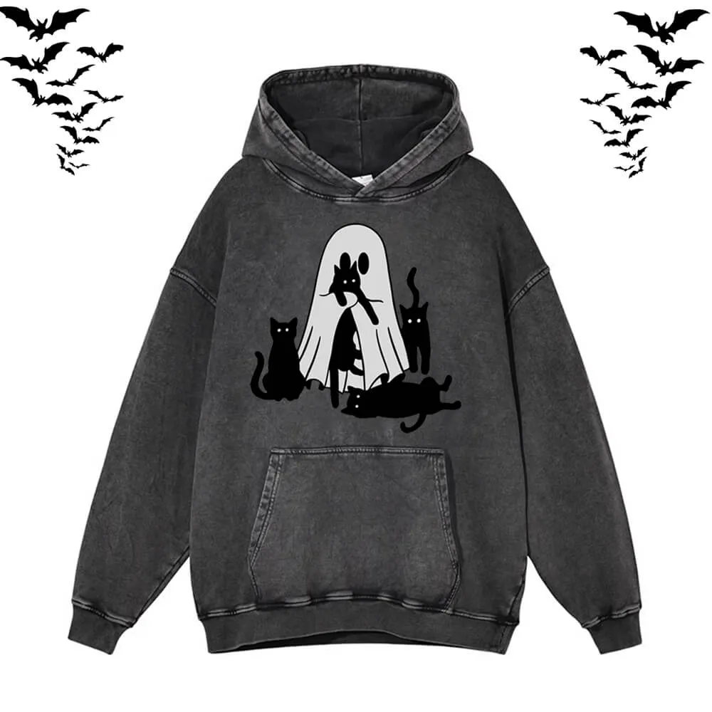 Black Cat Ghouls Vintage Washed Hoodie Sweatshirt sold by GTHIC