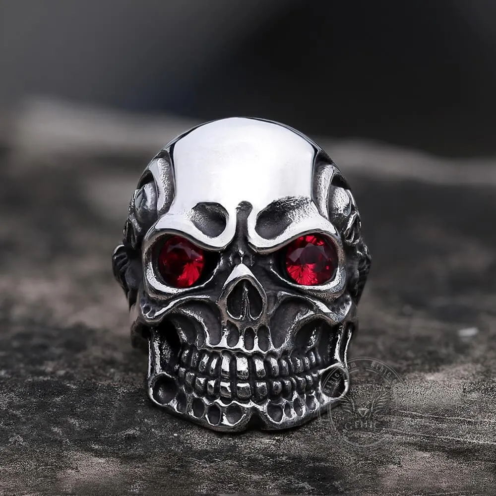 Ruby & Sapphire Eye Stainless Steel Skull Ring sold by GTHIC
