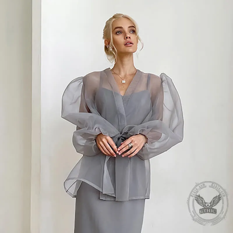 Elegant Lace Up Puff Sleeve Transparent Mesh Shirt sold by GTHIC