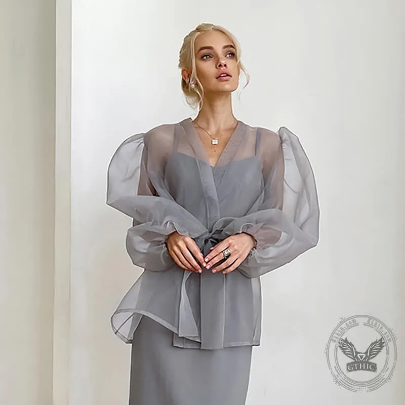 Elegant Lace Up Puff Sleeve Transparent Mesh Shirt sold by GTHIC