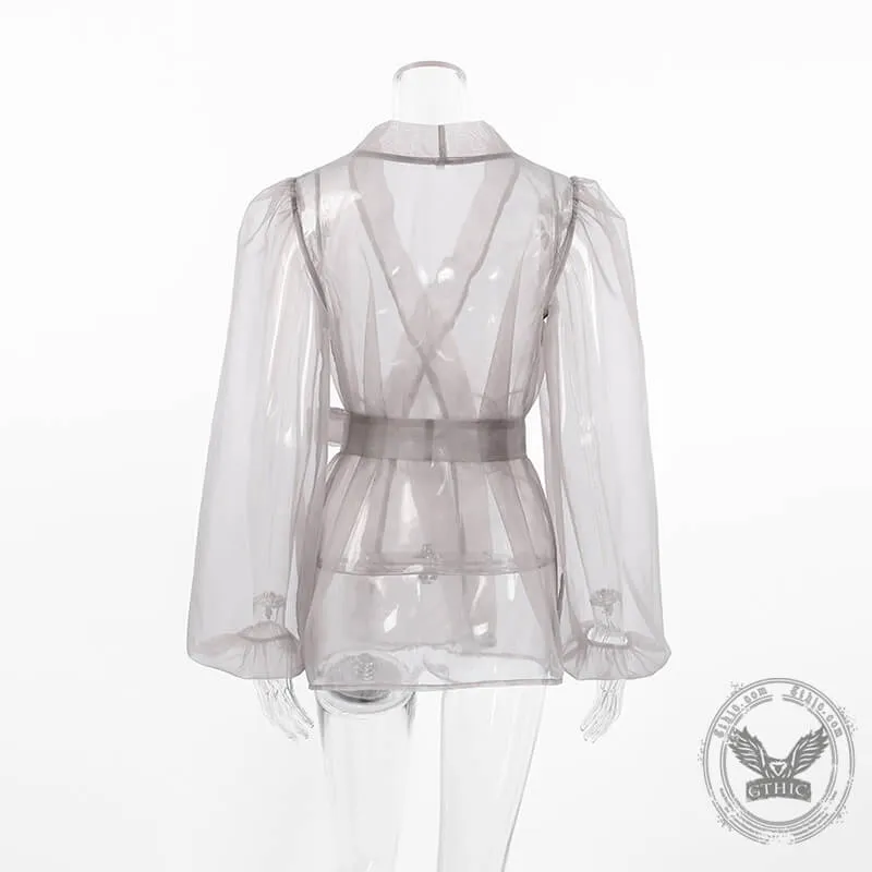 Elegant Lace Up Puff Sleeve Transparent Mesh Shirt sold by GTHIC product image thumbnail 5