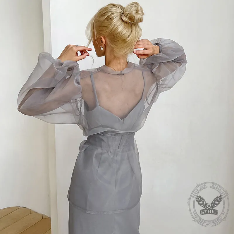 Elegant Lace Up Puff Sleeve Transparent Mesh Shirt sold by GTHIC product image thumbnail 3