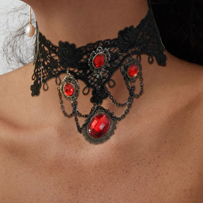 Red Zircon Lace Chain Gothic Choker Necklace sold by GTHIC