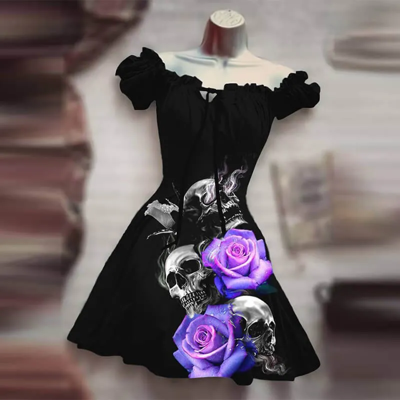 Skull Rose Bat Print Puff Sleeve Mini Dress sold by GTHIC