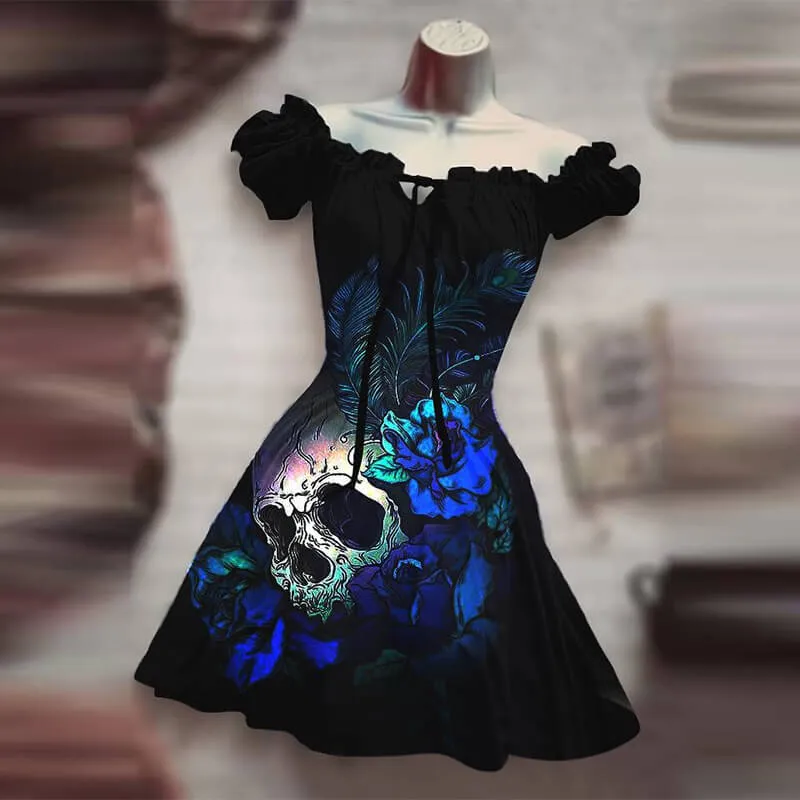 Skull Rose Bat Print Puff Sleeve Mini Dress sold by GTHIC product image thumbnail 3