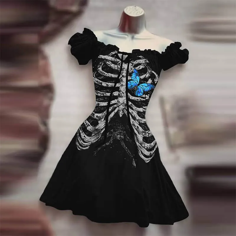 Skull Rose Bat Print Puff Sleeve Mini Dress sold by GTHIC product image thumbnail 2