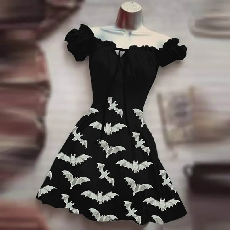 Skull Rose Bat Print Puff Sleeve Mini Dress sold by GTHIC product image thumbnail 4