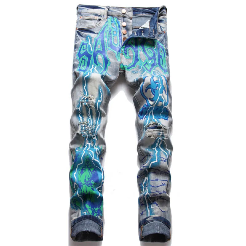 Vintage Blue Lightning Print Ripped Cotton Pants sold by GTHIC