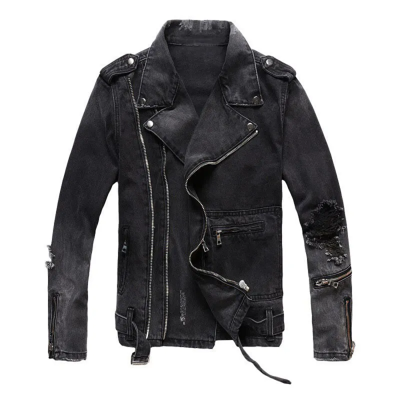 Punk Ripped Patch Men's Denim Biker Jacket sold by GTHIC