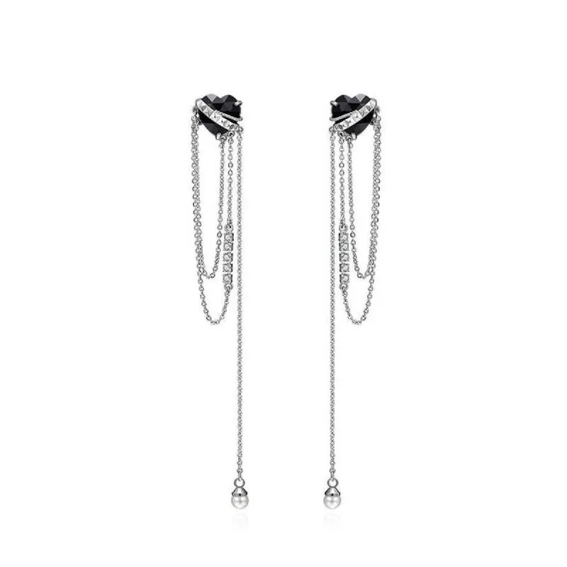Black Heart-shaped Zircon Tassel Alloy Earrings sold by GTHIC