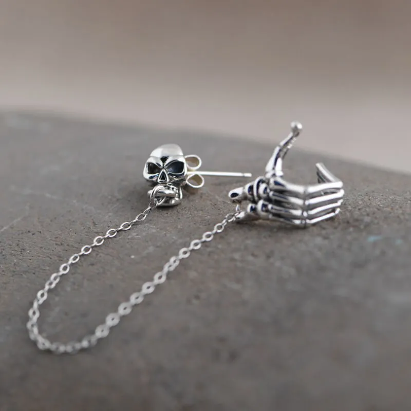 Skull Hand Sterling Silver Ear Cuff Chain Earrings sold by GTHIC