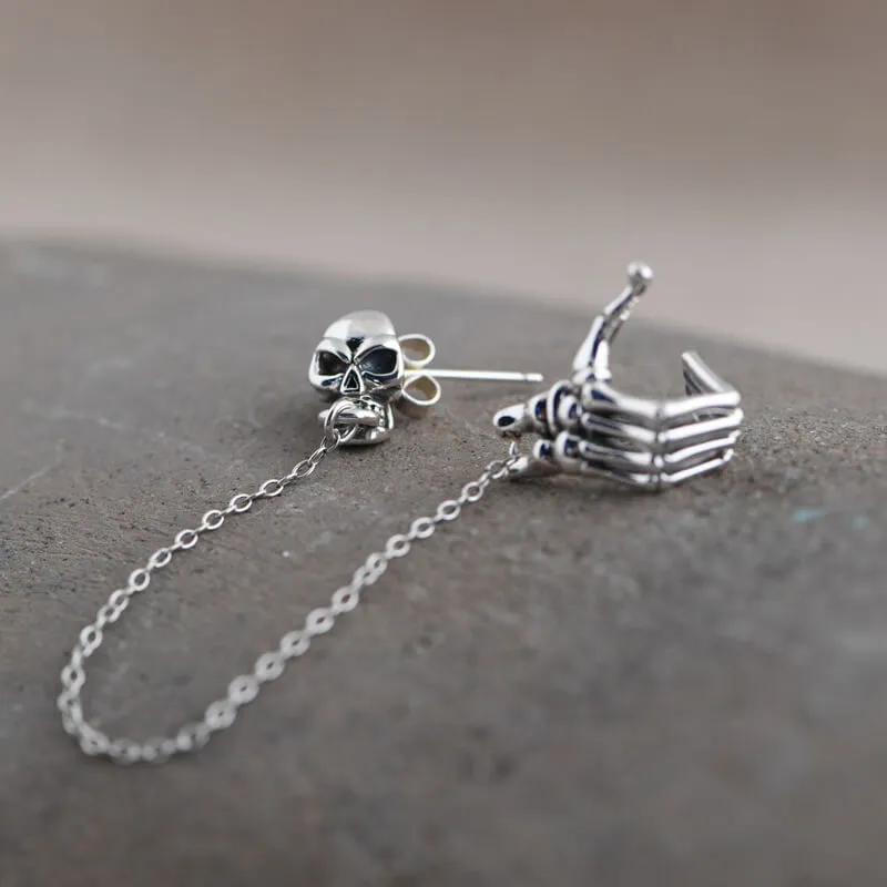 Skull Hand Sterling Silver Ear Cuff Chain Earrings sold by GTHIC