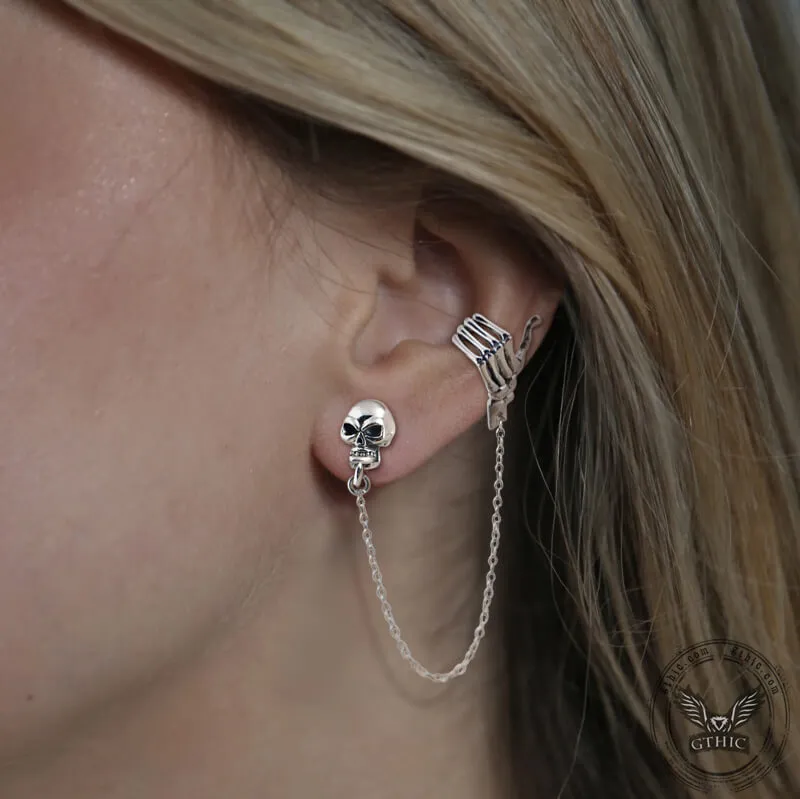 Skull Hand Sterling Silver Ear Cuff Chain Earrings sold by GTHIC product image thumbnail 2