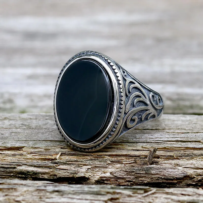 Black Oval Agate Carved Stainless Steel Ring sold by GTHIC