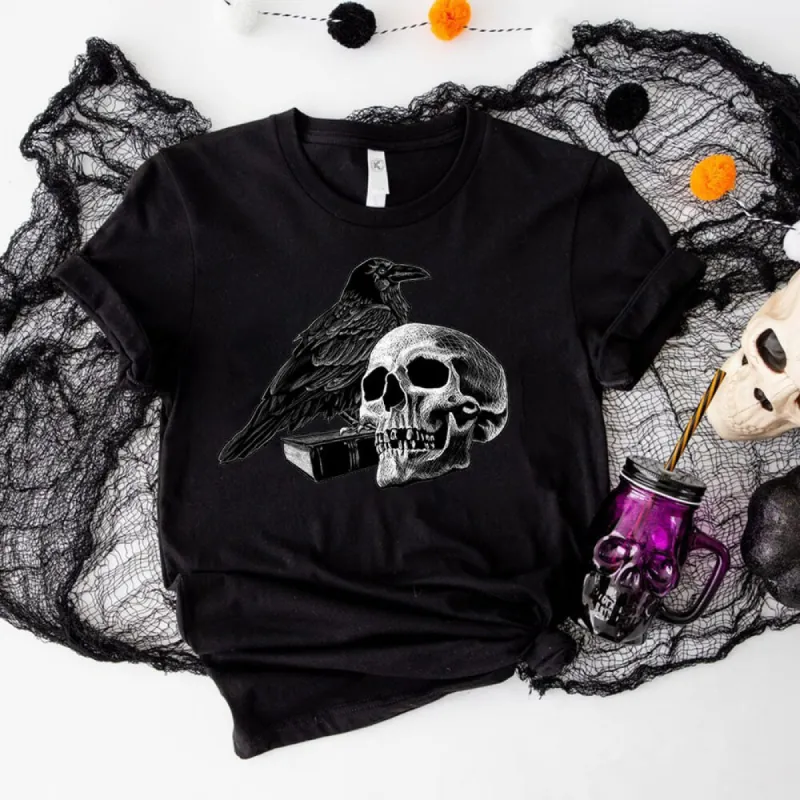Gothic Raven Skull Round Neck Short Sleeve T-shirt sold by GTHIC