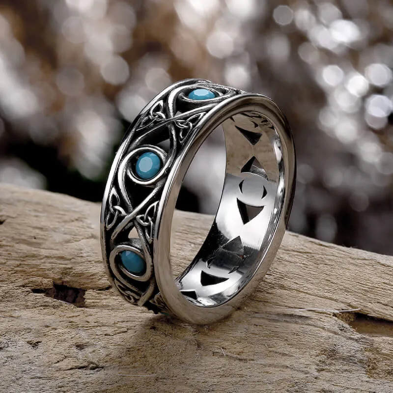 Simple Blue Turquoise Inlaid Hollow Titanium Steel Ring sold by GTHIC