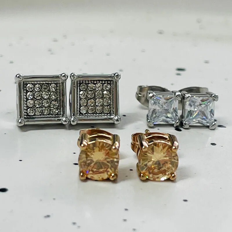 Round Square Stainless Steel Gemstone Stud Earrings sold by GTHIC