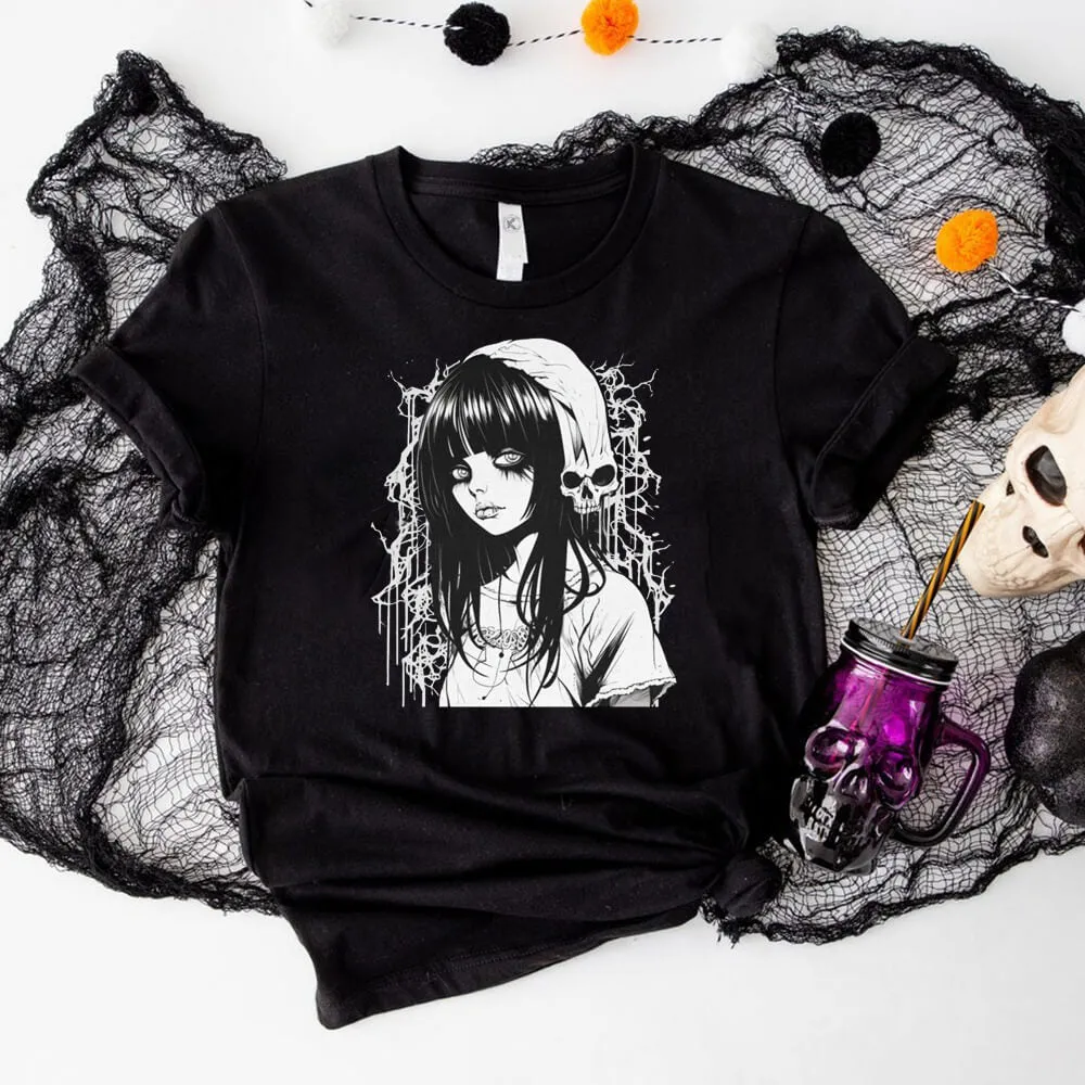 Kawaii Goth Girl Round Neck Short Sleeve T-shirt sold by GTHIC
