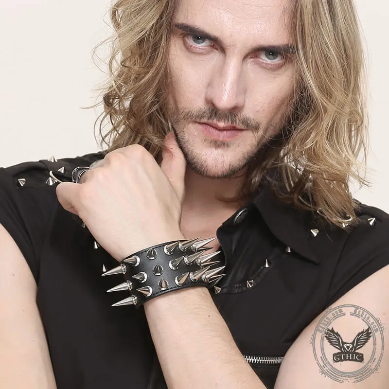 Punk Spike Studded Leather Wide Wristband sold by GTHIC