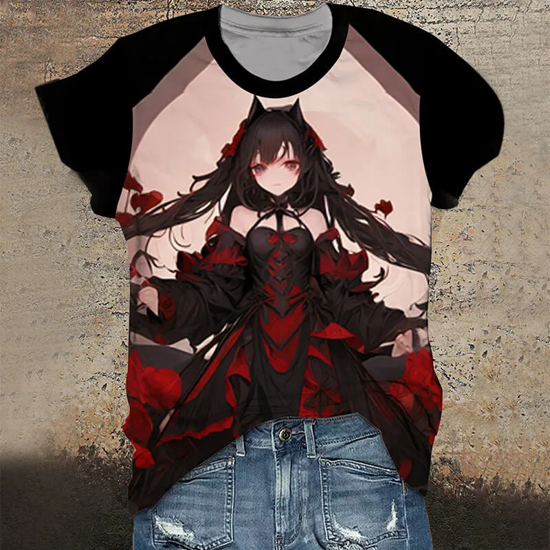 Gothic Wolf Girl Round Neck Anime T-Shirt sold by GTHIC