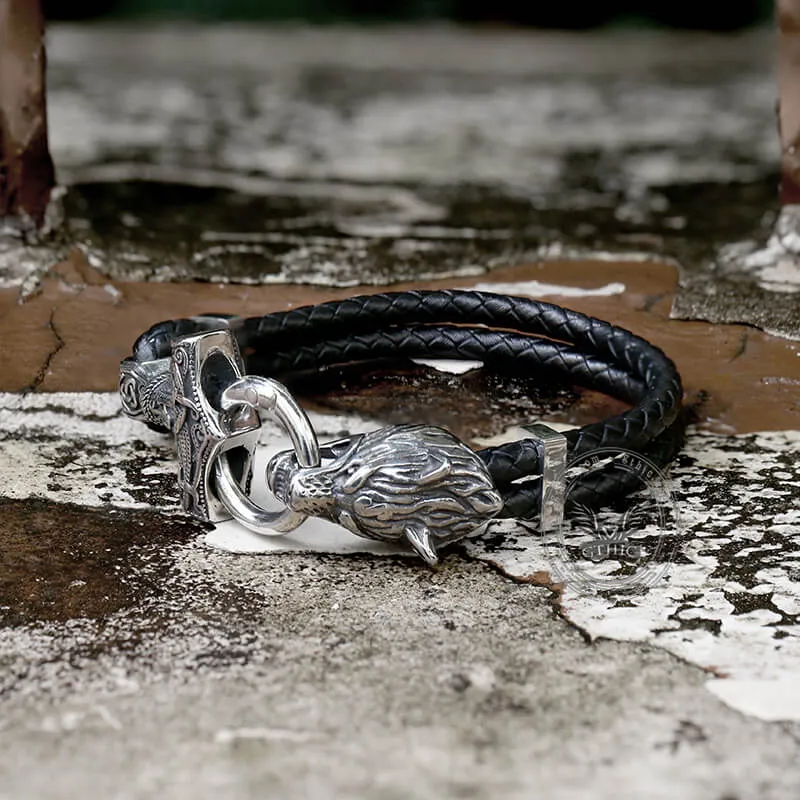 Viking Wolf Head Stainless Steel Leather Bracelet sold by GTHIC product image thumbnail 3