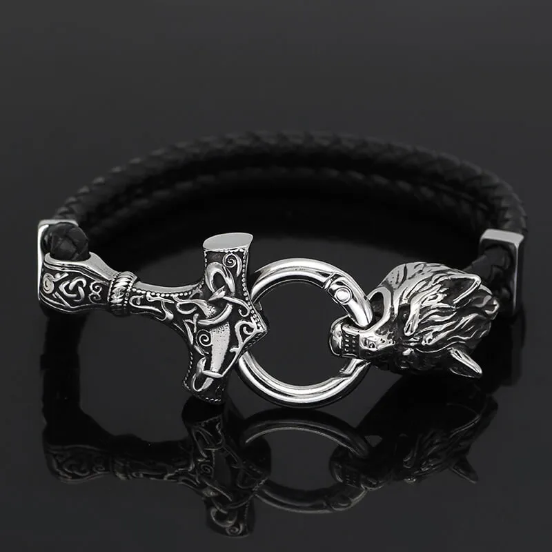 Viking Wolf Head Stainless Steel Leather Bracelet sold by GTHIC