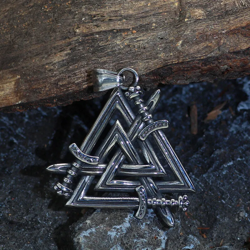Valknut Curved Sword Stainless Steel Viking Pendant sold by GTHIC