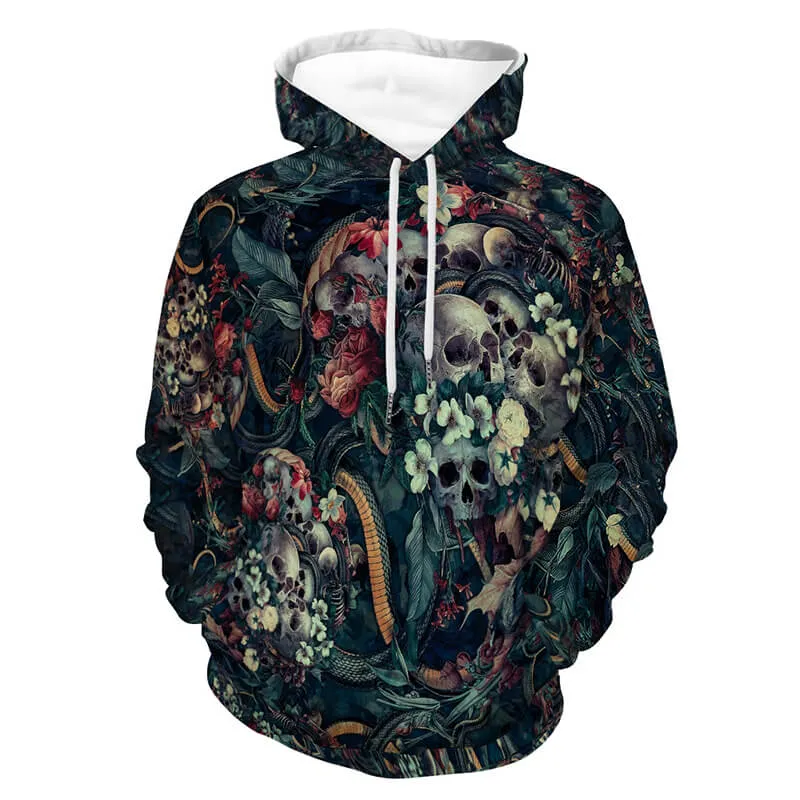 Flower Skull Snake Print Polyester Pullover Hoodie sold by GTHIC