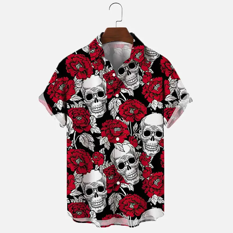 Peony Flower Skull Polyester Hawaiian Shirt sold by GTHIC
