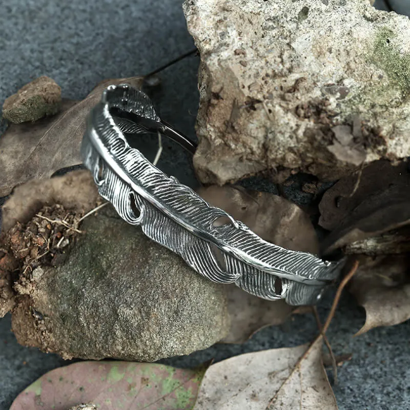 Vintage Feather Stainless Steel Cuff Bracelet sold by GTHIC