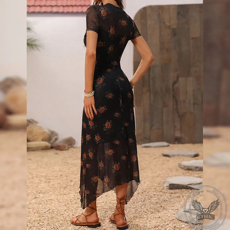 Women's Gothic Retro Dark Yellow Rose Mesh Double Layer Irregular Dress sold by GTHIC product image thumbnail 4