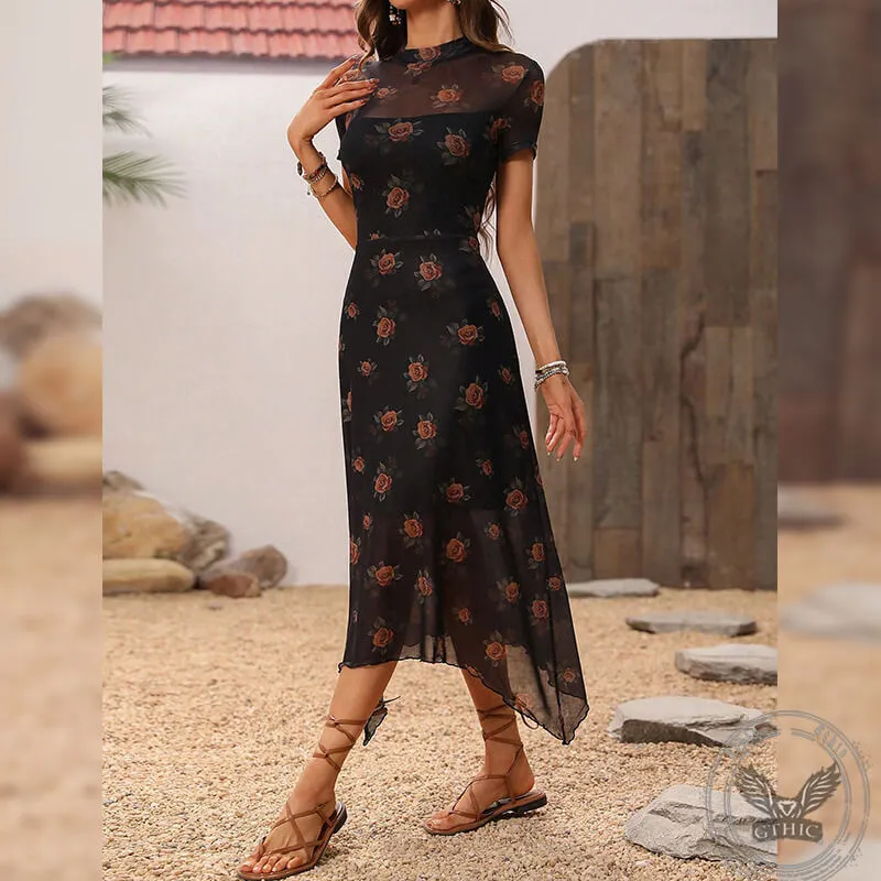 Women's Gothic Retro Dark Yellow Rose Mesh Double Layer Irregular Dress sold by GTHIC product image thumbnail 2