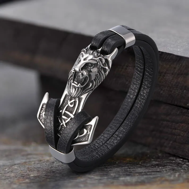Lion Head Anchor Stainless Steel Leather Bracelet sold by GTHIC