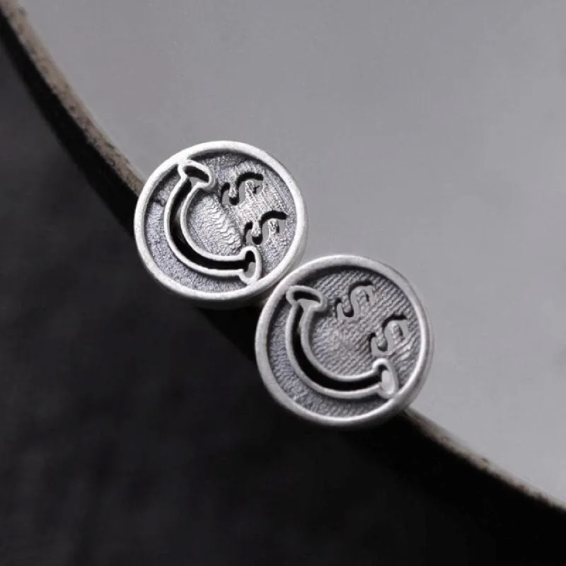 Smiling Face Sterling Silver Stud Earrings sold by GTHIC