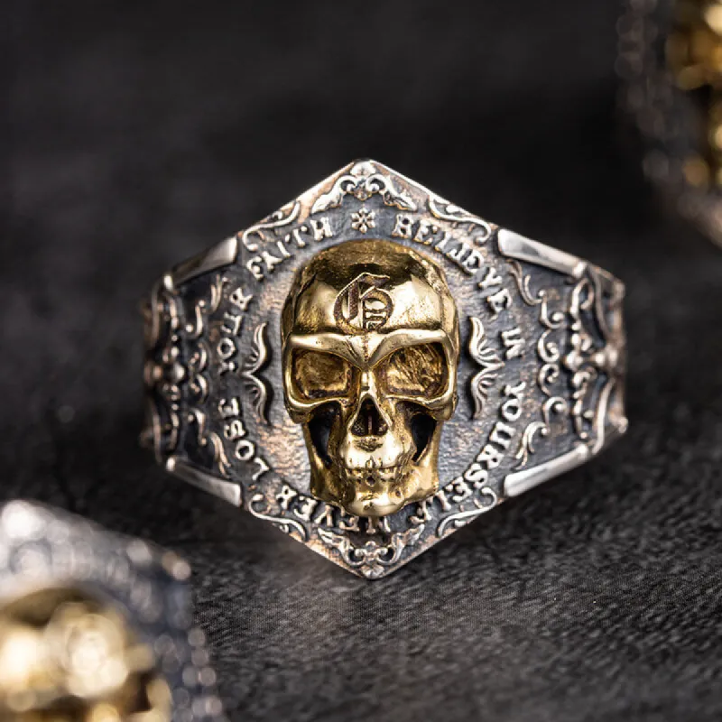 Soul Awakening Skull Sterling Silver Inlaid Brass Open Ring sold by GTHIC