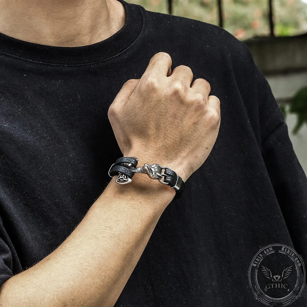 Wolf Head Braided Stainless Steel Leather Bracelet sold by GTHIC product image thumbnail 2