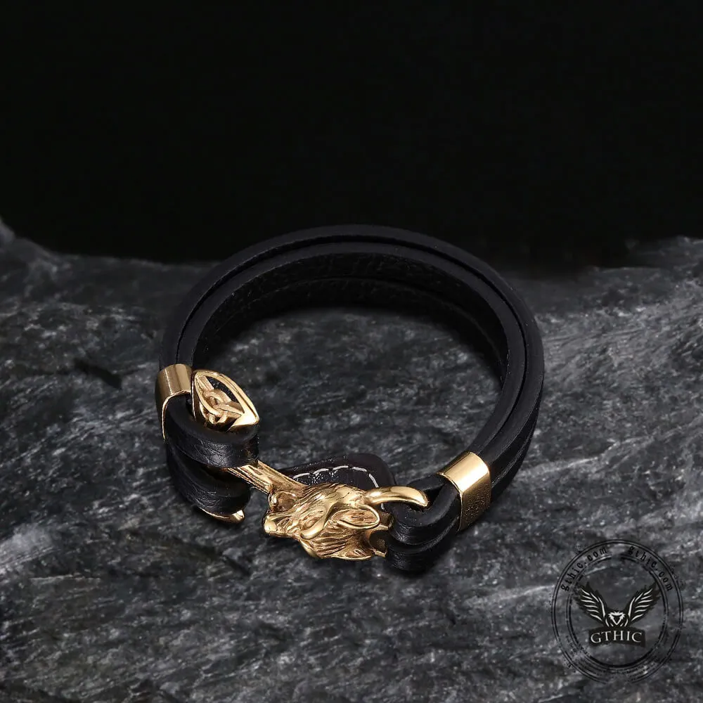 Wolf Head Braided Stainless Steel Leather Bracelet sold by GTHIC product image thumbnail 4