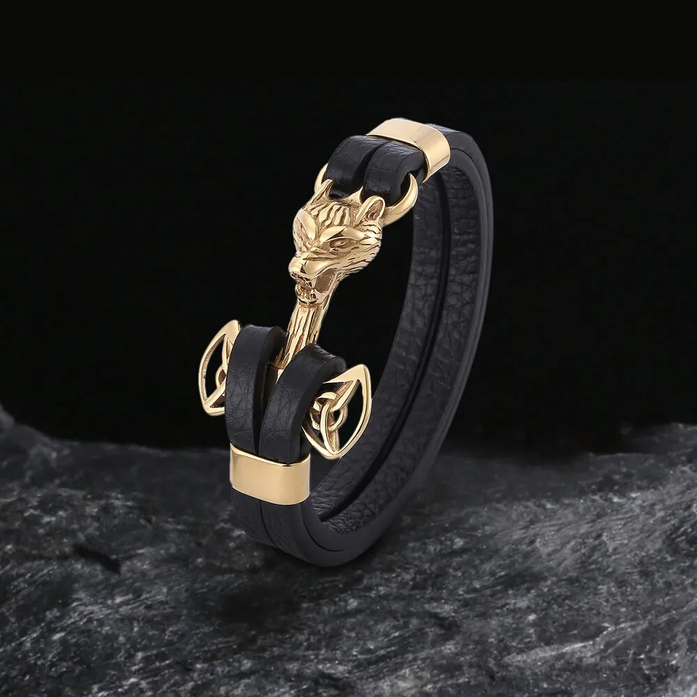 Wolf Head Braided Stainless Steel Leather Bracelet sold by GTHIC product image thumbnail 3
