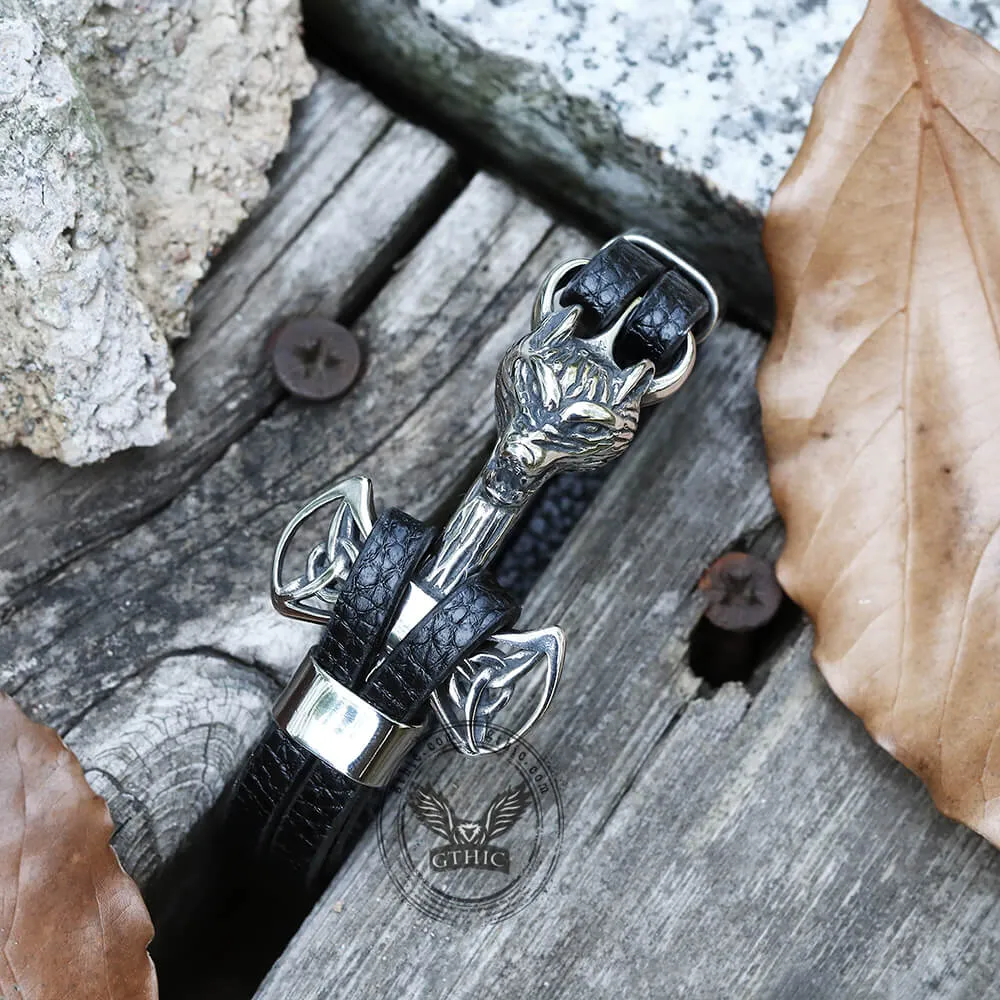 Wolf Head Braided Stainless Steel Leather Bracelet sold by GTHIC product image thumbnail 5