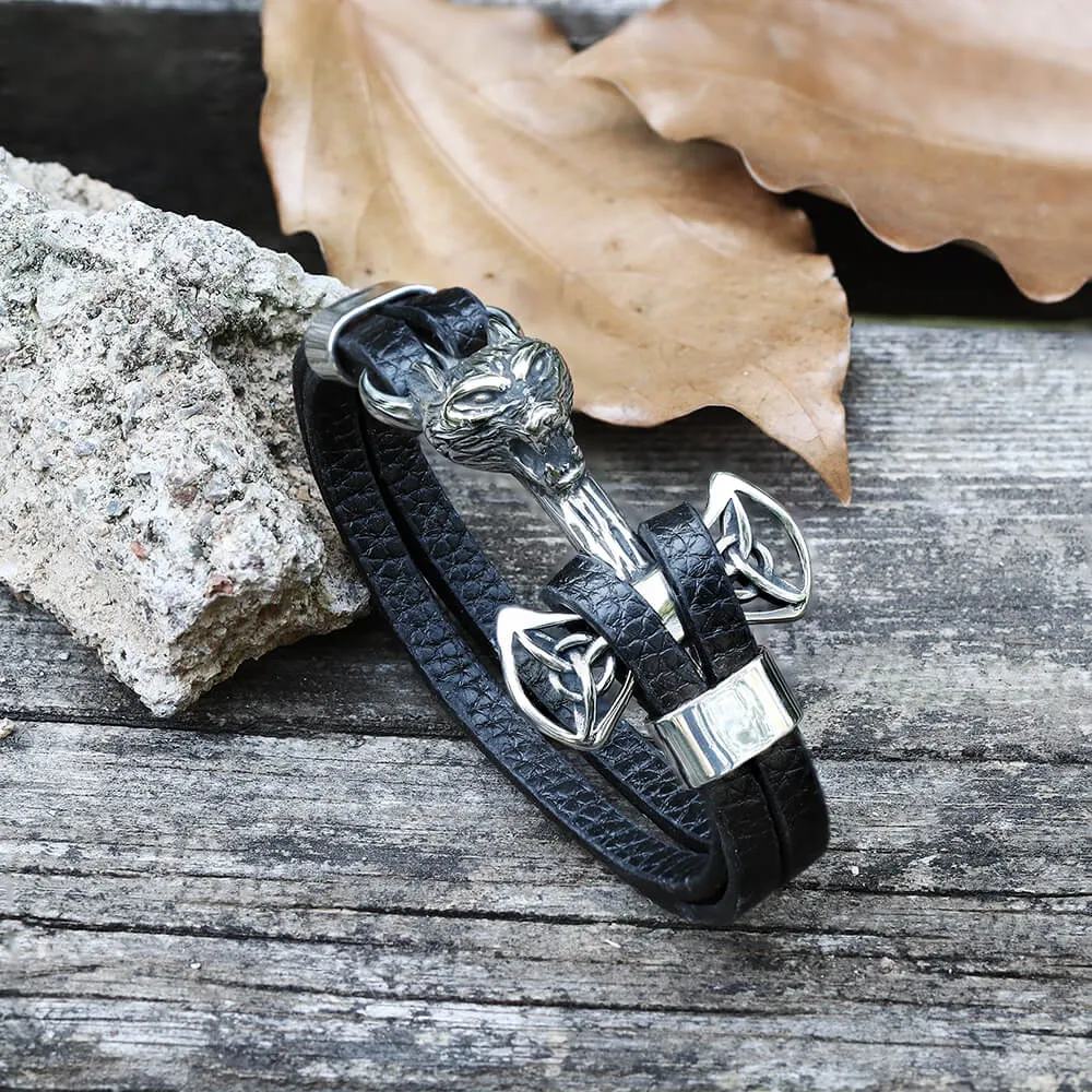 Wolf Head Braided Stainless Steel Leather Bracelet sold by GTHIC