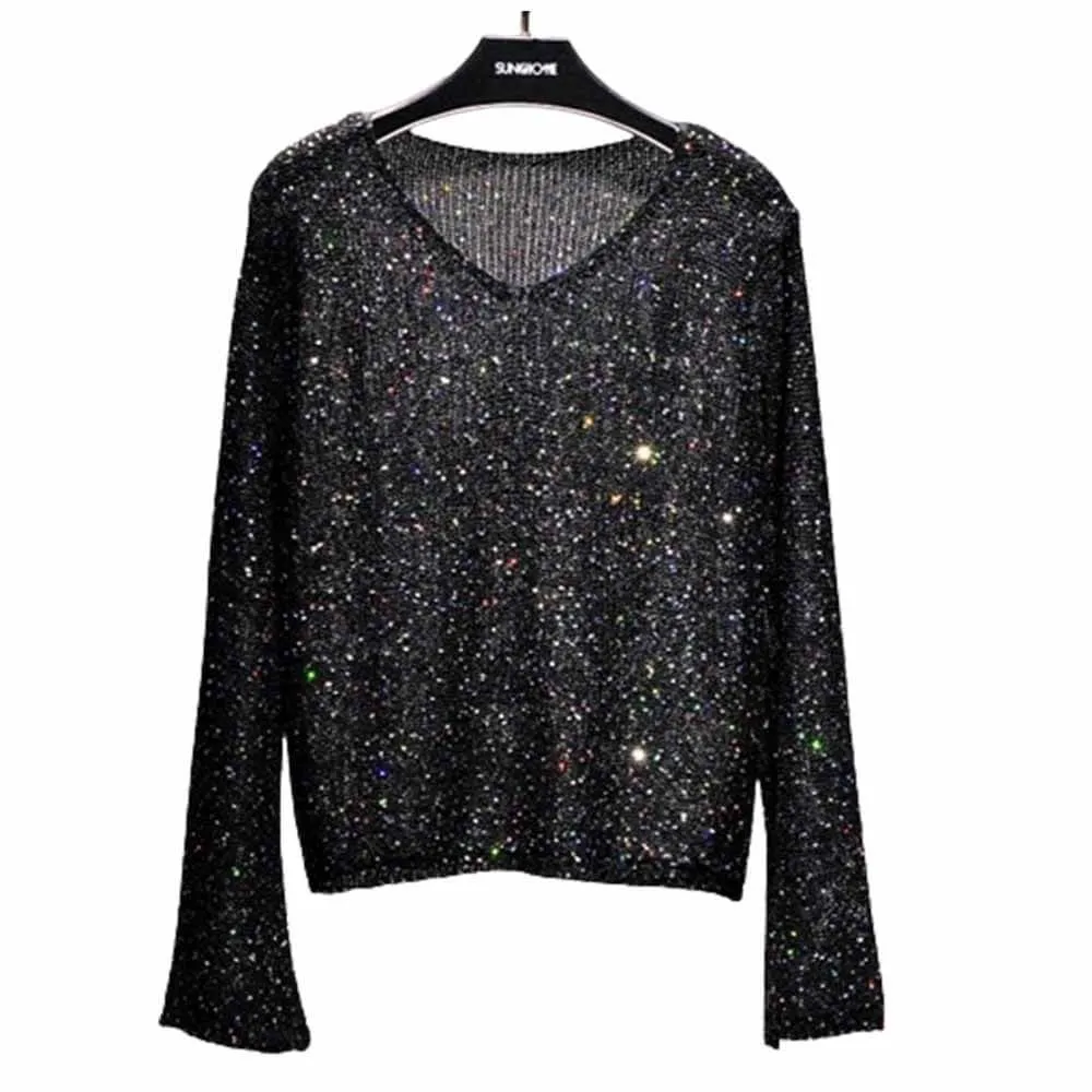 Shinny Sequined V-neck Trumpet Sleeve Sweater sold by GTHIC product image thumbnail 2