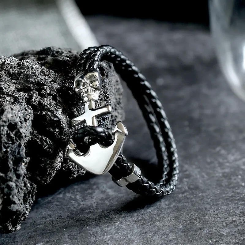 Anchor Skull Double Braided Leather Bracelet sold by GTHIC