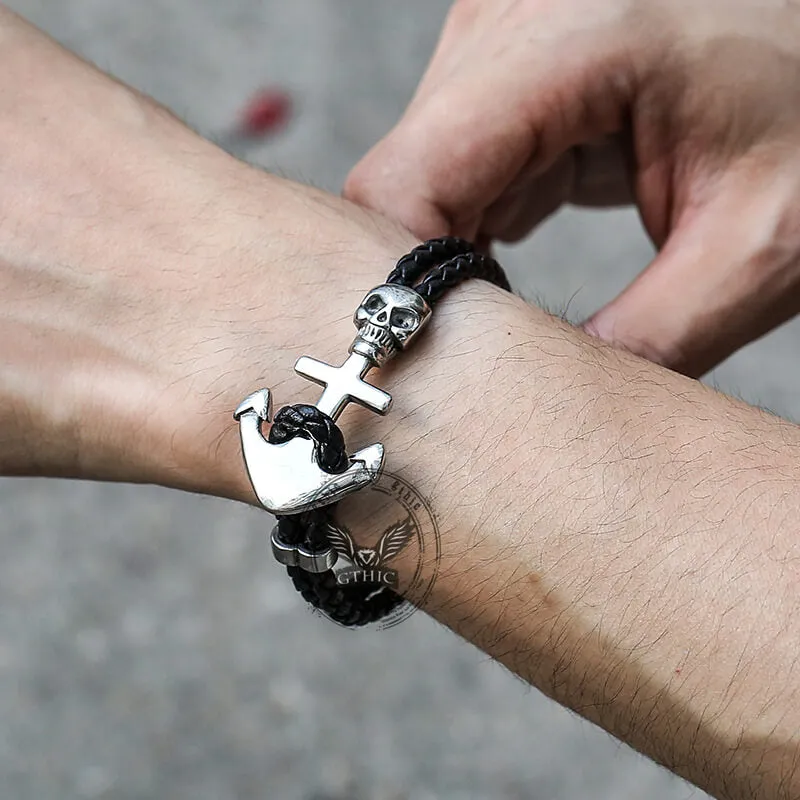 Anchor Skull Double Braided Leather Bracelet sold by GTHIC product image thumbnail 2