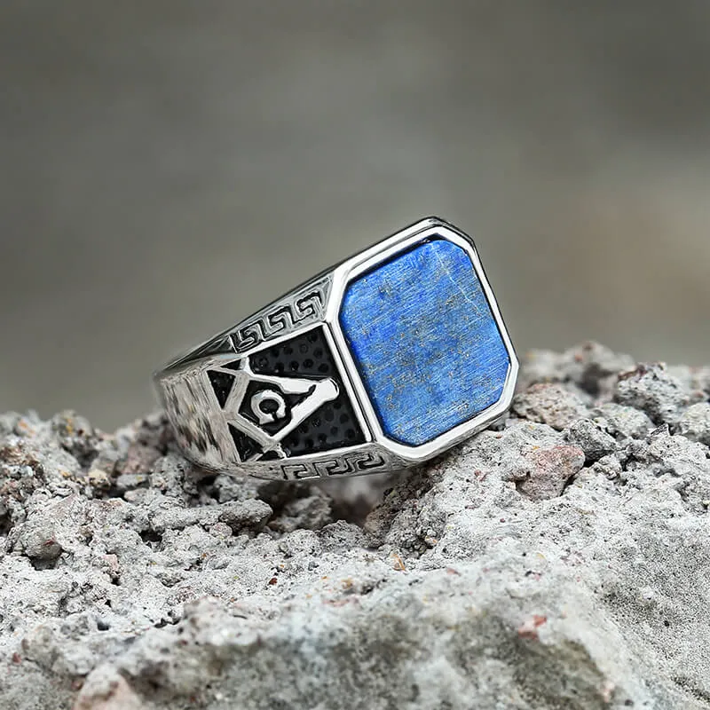Vintage Frosted Lapis Lazuli Masonic Stainless Steel Ring sold by GTHIC