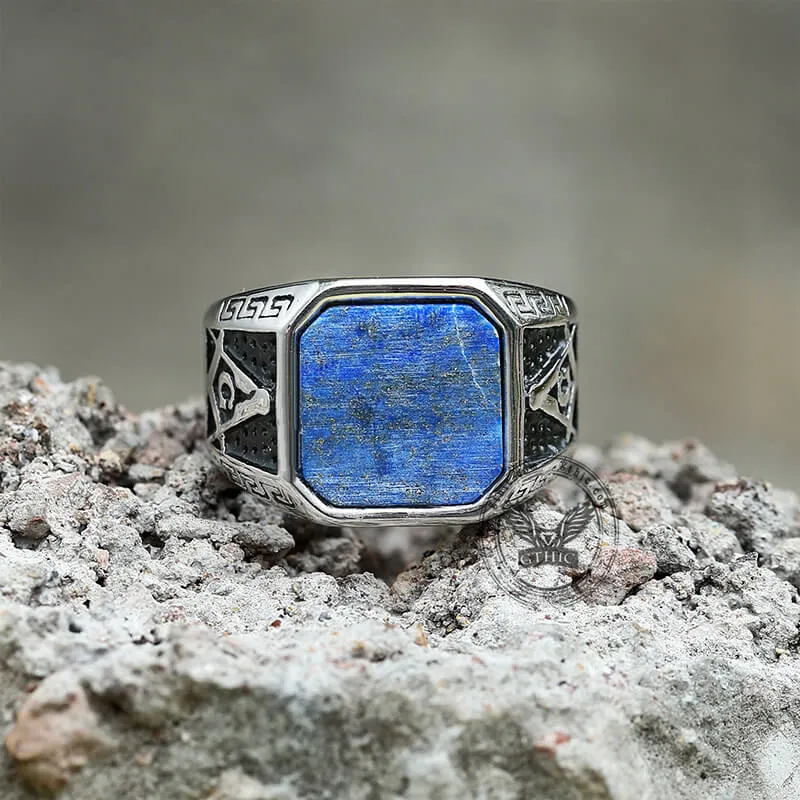 Vintage Frosted Lapis Lazuli Masonic Stainless Steel Ring sold by GTHIC product image thumbnail 4