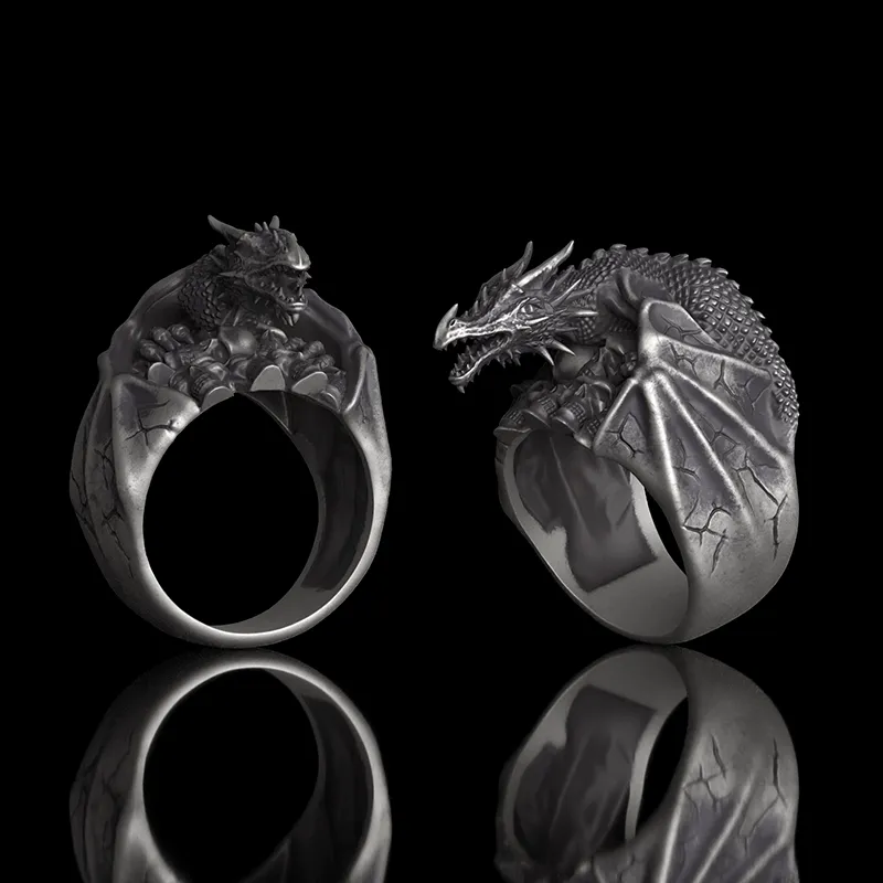 Gothic Flying Dragon Skulls Sterling Silver Ring sold by GTHIC
