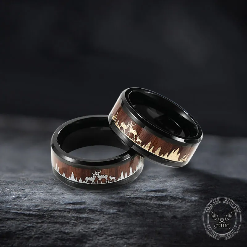 Forest Elk Wood Texture Stainless Steel Band Ring sold by GTHIC