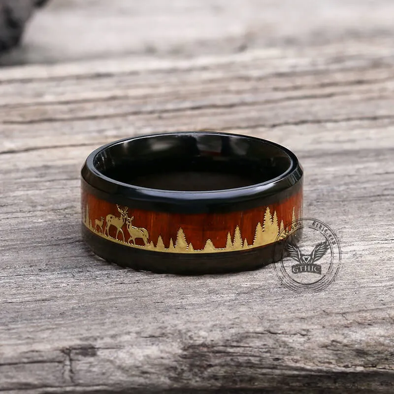 Forest Elk Wood Texture Stainless Steel Band Ring sold by GTHIC product image thumbnail 5
