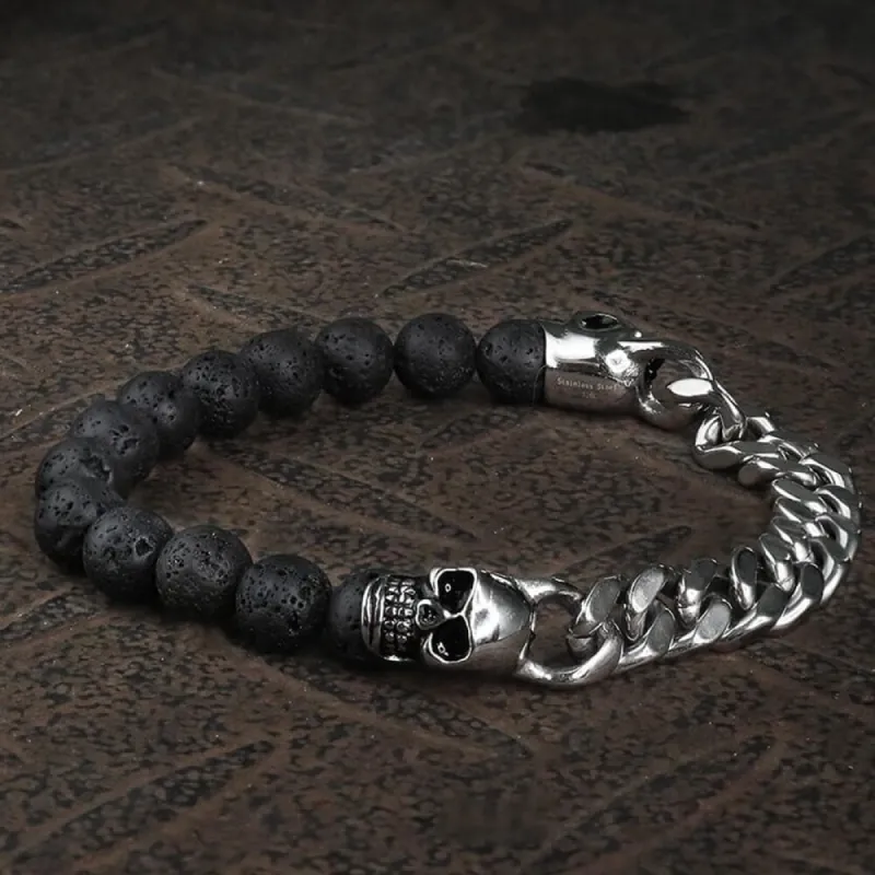 Cuban Chain And Volcanic Rock Skull Bracelet sold by GTHIC