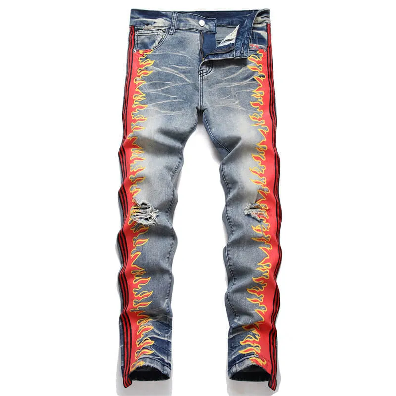 Flame Print Cotton Distressed Pants sold by GTHIC